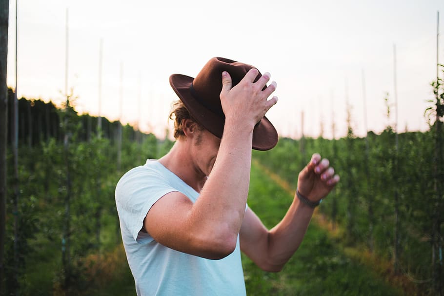A young Caucasian man wearing brown hat standing in a vineyard HD wallpaper