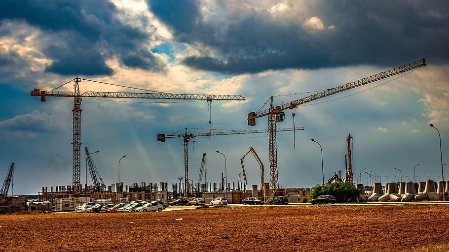 cranes, construction site, sky, clouds, engineering, cloud - sky HD wallpaper