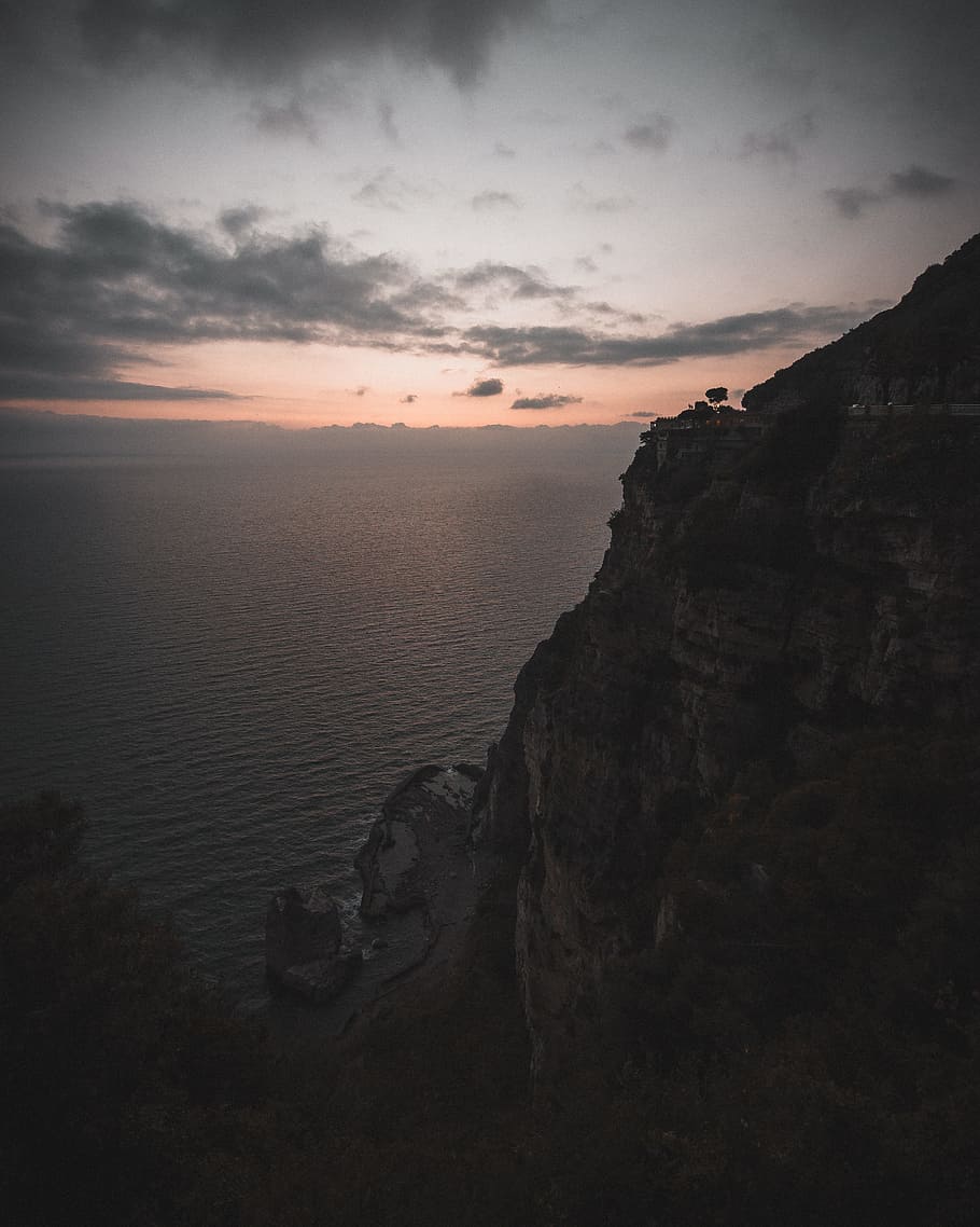 islet rock, sea, dawn, cliff, cloud, dark, reflection, sunset HD wallpaper