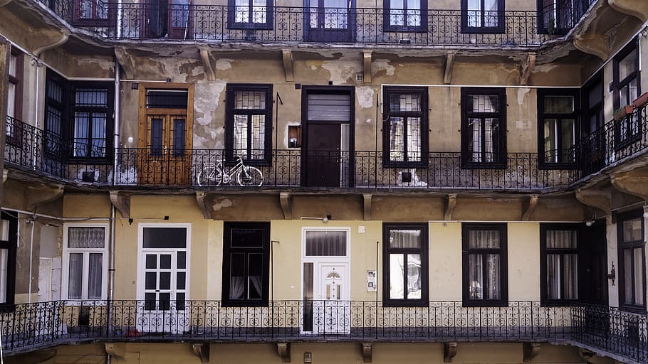 budapest, hungary, windows, courtyard, balcony, doors, bike HD wallpaper