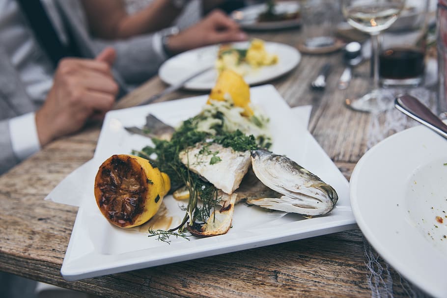 served fish, human, person, people, glass, table, food, coffee table HD wallpaper