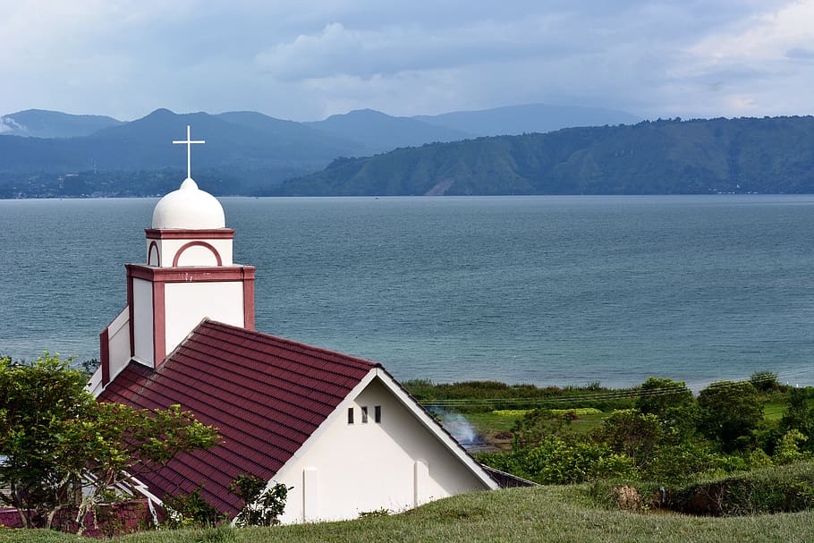 sumatra, indonesia, church, religion, lake, toba, blue, landscape, HD wallpaper