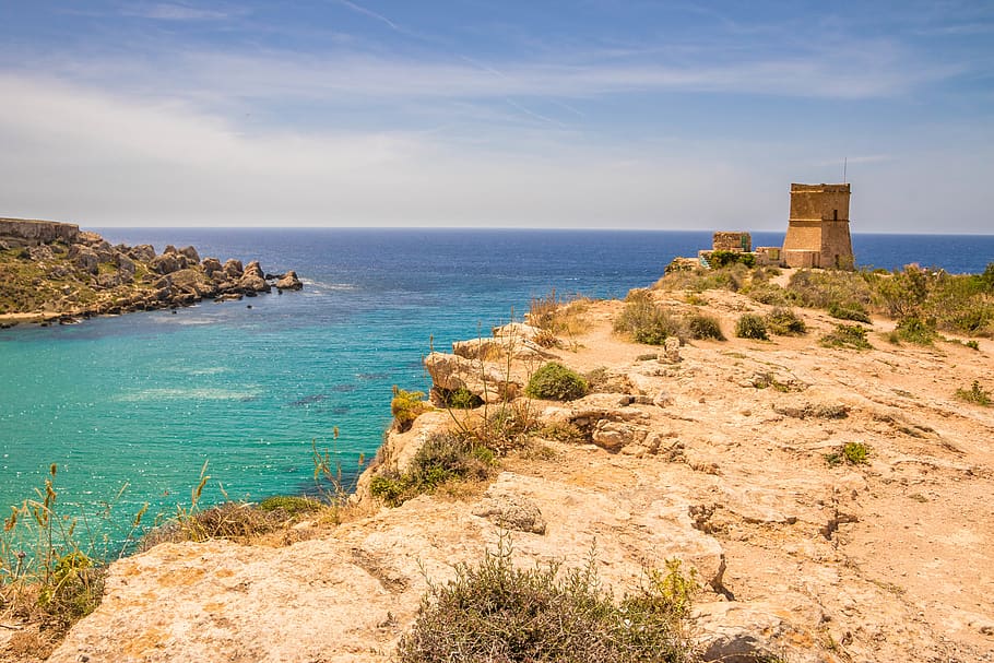 malta, sea, rocks, cliffs, mediterranean, sun, water, sky, architecture HD wallpaper