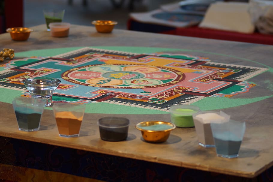 mandala, table, indoors, art and craft, multi colored, creativity HD wallpaper