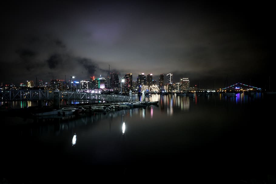 city during nighttime, water, waterfront, pier, dock, port, marina HD wallpaper