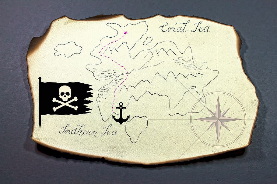treasure map, island, treasure hunt, pirate, paper, geography