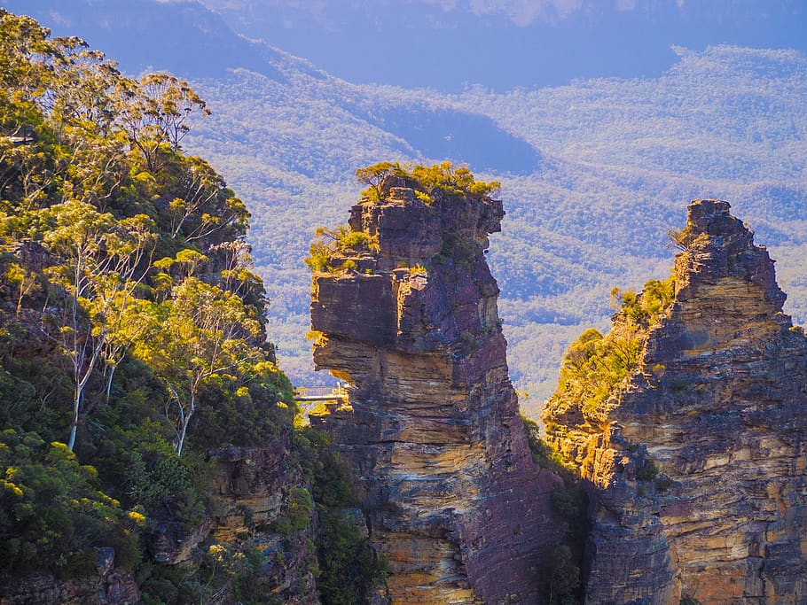 mountains, three sisters, katoomba, australia, scenic, blue mountains, HD wallpaper