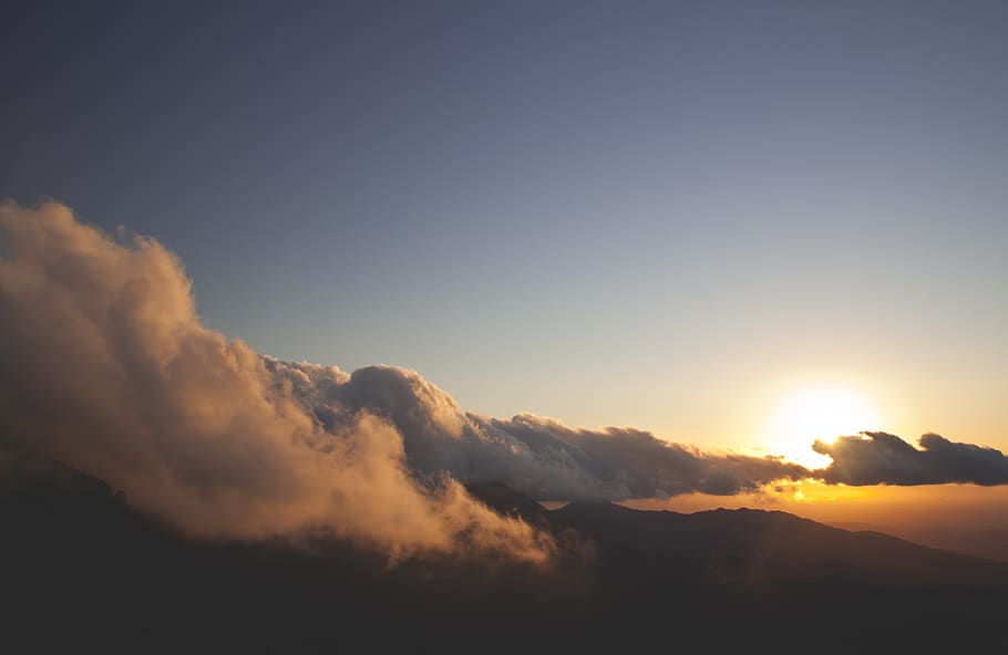 nature, landscape, mountains, summit, peaks, sky, clouds, sun HD wallpaper