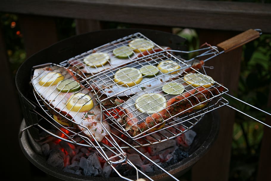 grill, barbecue, fish, lemon, eat, food, delicious, embers HD wallpaper