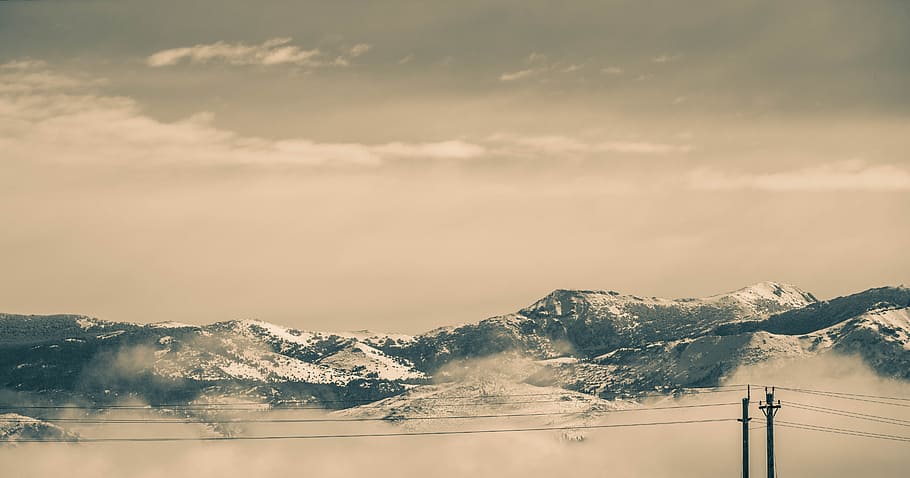 Cable Wires in Front of Snow Covered Mountains, clouds, cloudy HD wallpaper