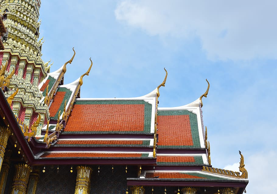 red and blue temple roof, building, housing, monastery, worship HD wallpaper