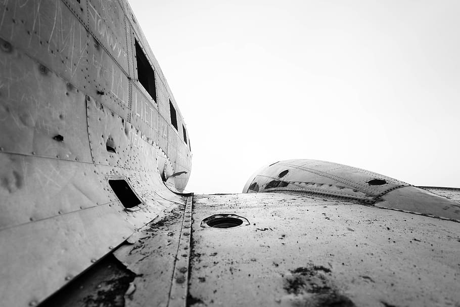 grey asphalt road, plane, wreck, abandoned, derelict, outdoors HD wallpaper