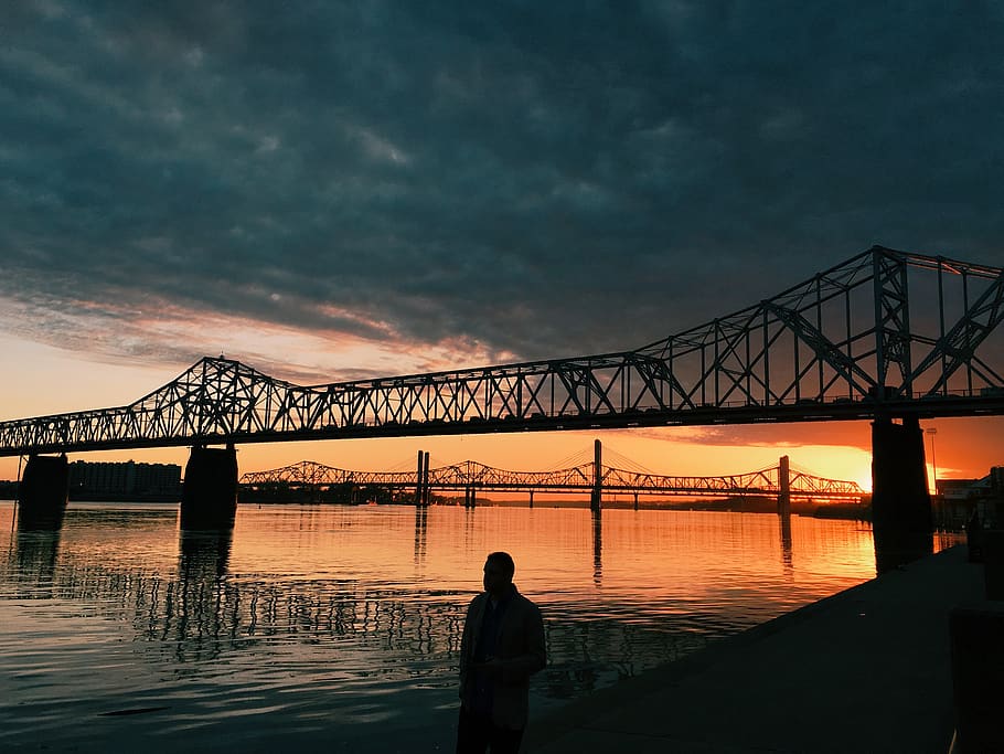 sunrise, bridge, river, sky, skyline, alone, silhouette, louisville HD wallpaper