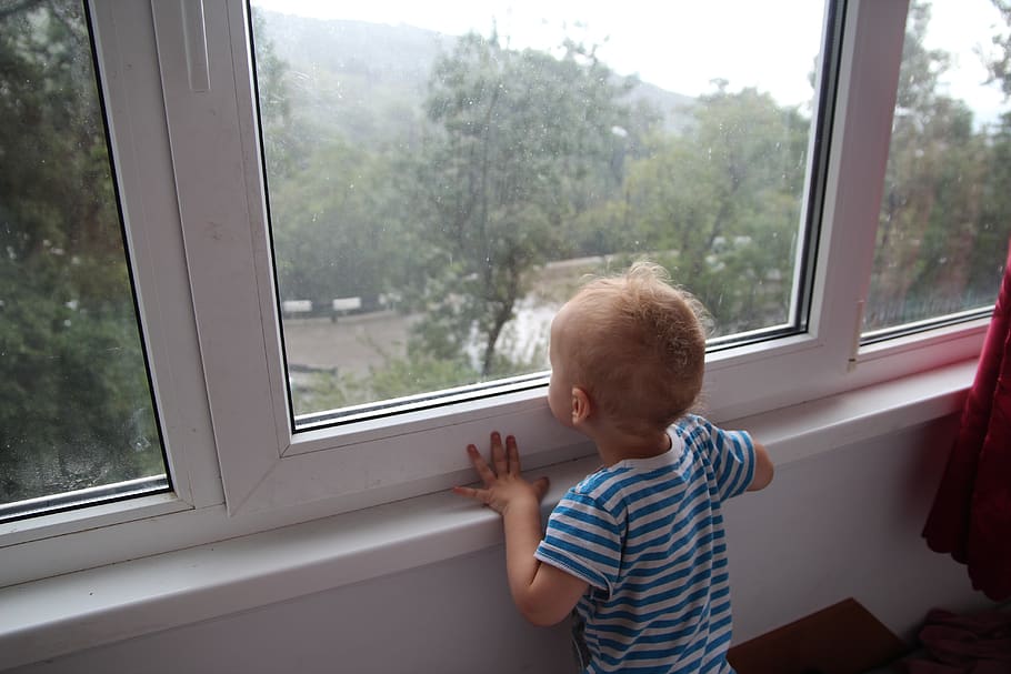 window, rain, baby, child, childhood, little baby, glass - material HD wallpaper