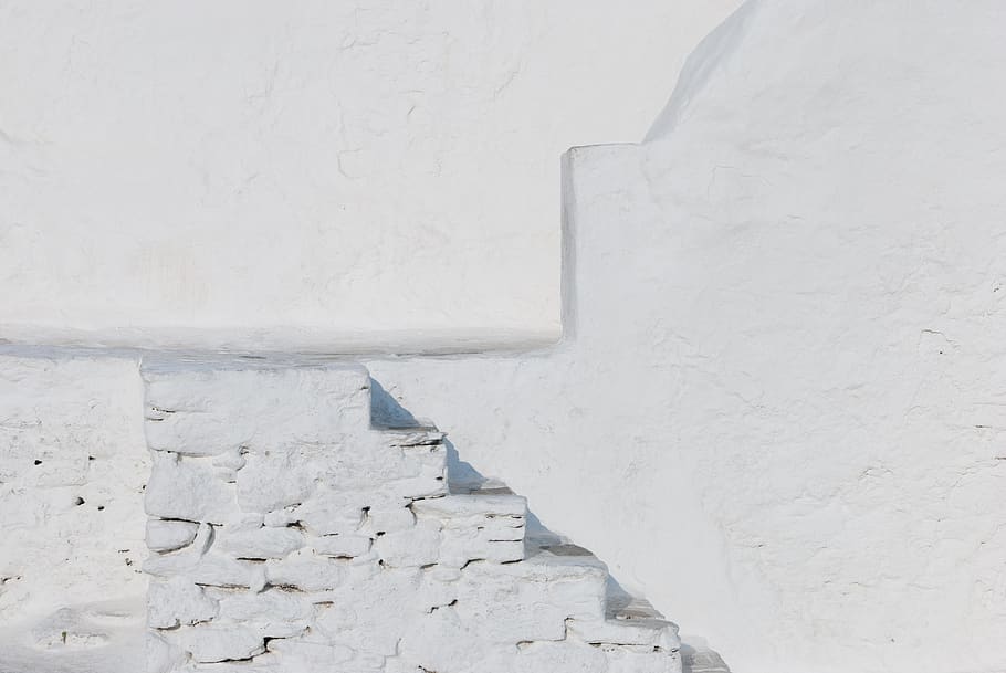 greece, oia, architecture, texture, stair, white brick, white color HD wallpaper