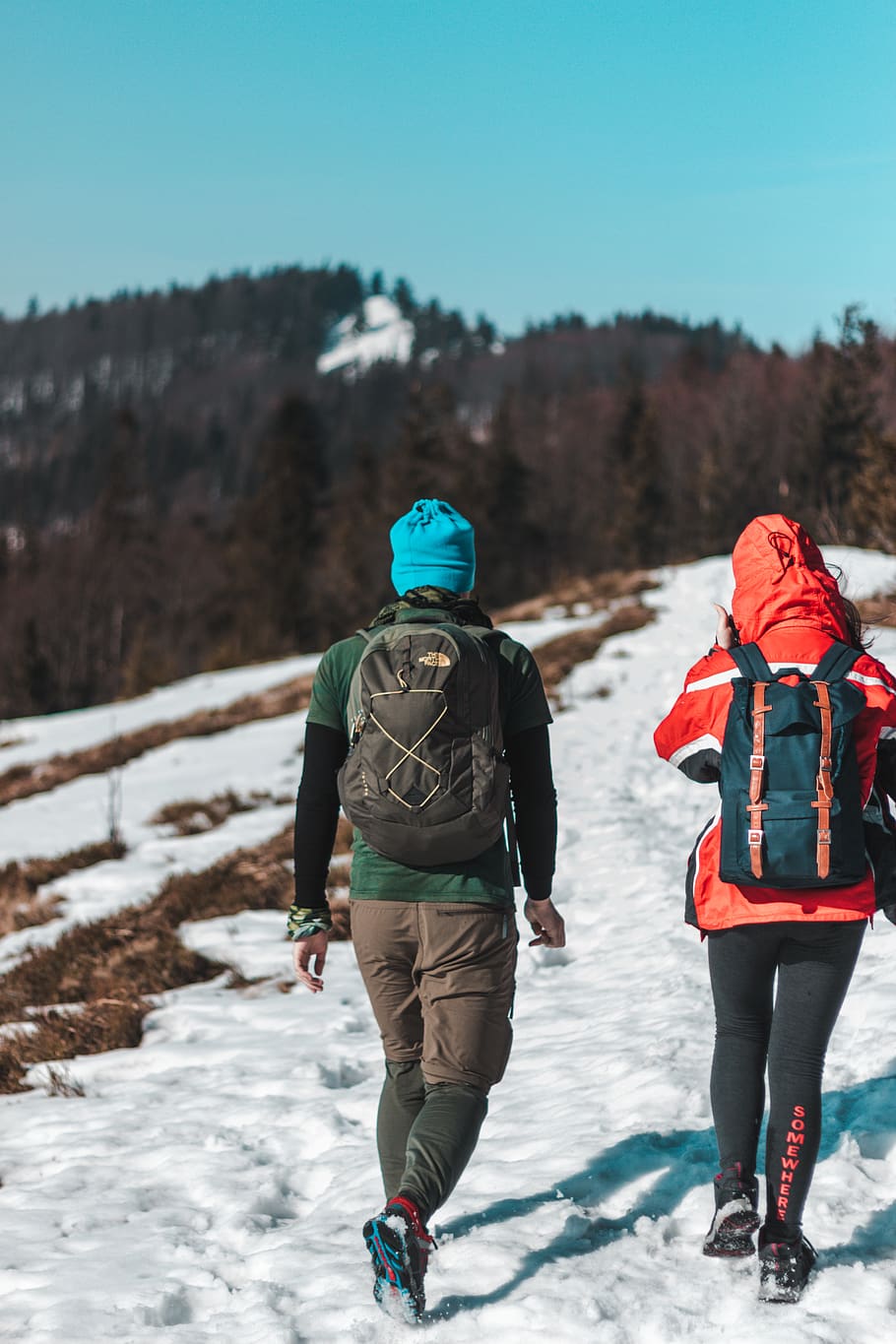 Two People Walking On Snow Trail, adventure, cold, enjoyment HD wallpaper