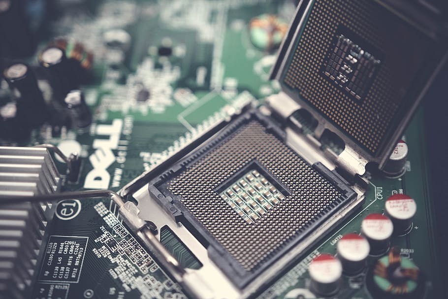 Dell Motherboard and Central Processing Unit, blur, capacitors, HD wallpaper