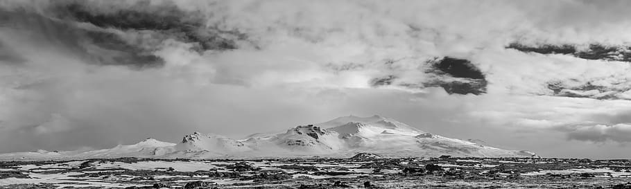 Panoramic View of Mountain, black-and-white, clouds, cold, environment HD wallpaper