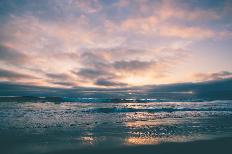 sunset, ocean, beach, sand, waves, ocean waves, sunrise, colorful sky HD wallpaper