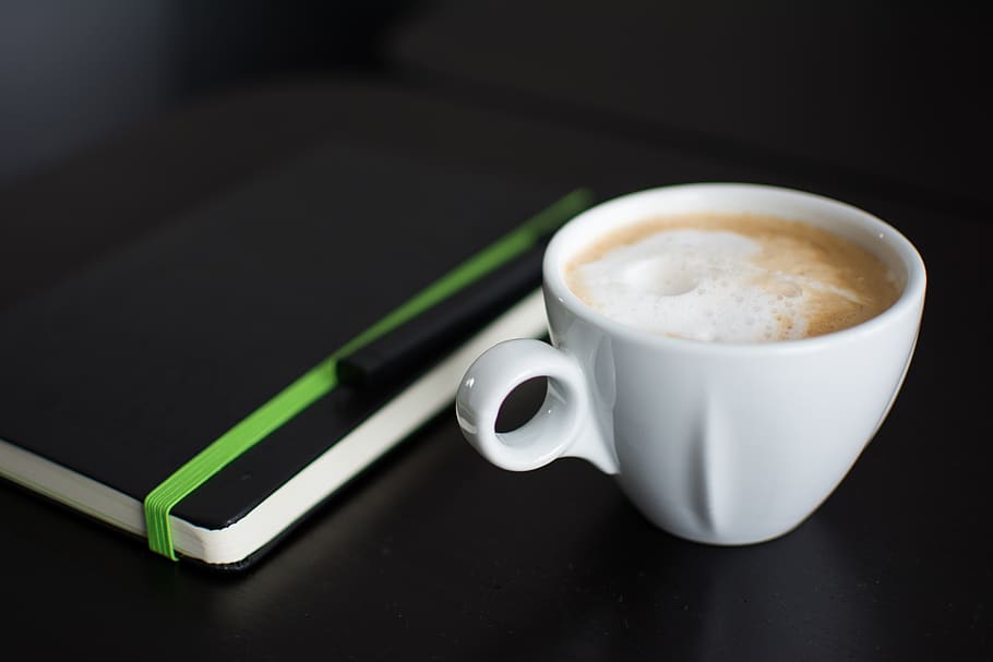 coffee, moleskine, notepad, notebook, cup, cream, black, table HD wallpaper