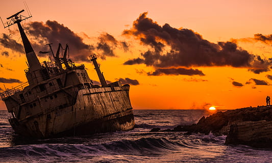 shipwreck, sea, clouds, sunset, romantic, boat, rusty, aged HD wallpaper