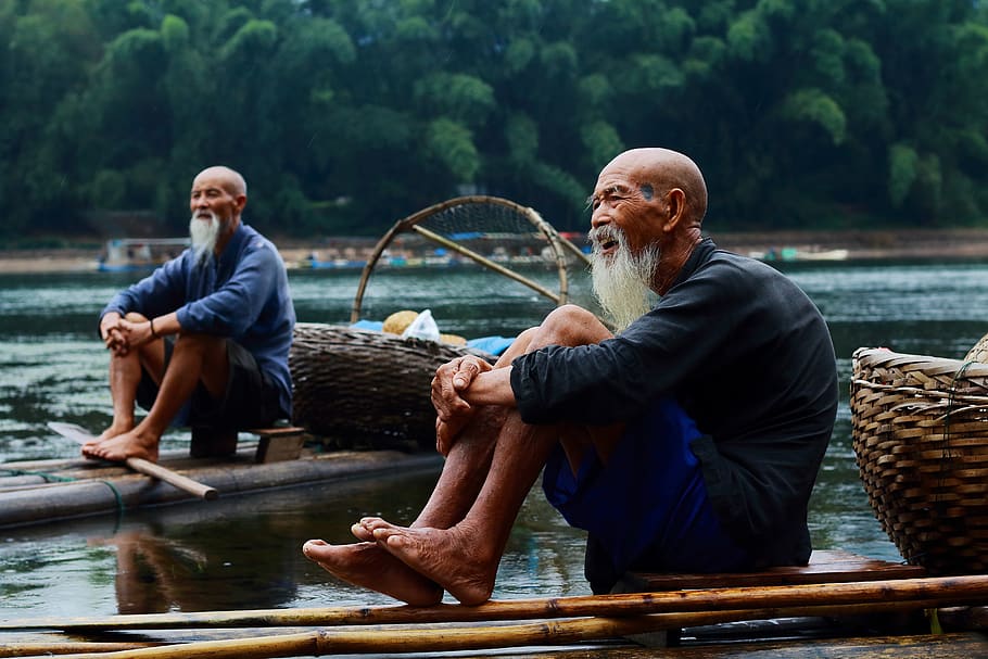 HD wallpaper: Two Men Sitting on Riverbank, adult, Asian, bald, baskets,  boats