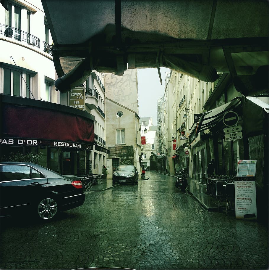 france, paris, le marais, sunday, le marias, europe, cafe, wet streets, HD wallpaper