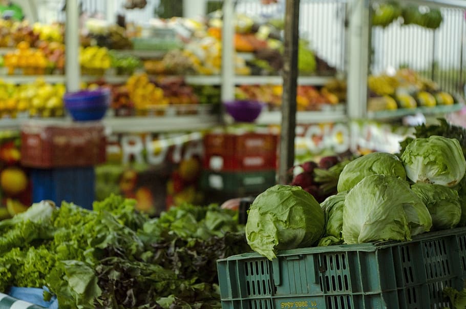 assorted vegetables on green crate, plant, food, cabbage, grocery store HD wallpaper