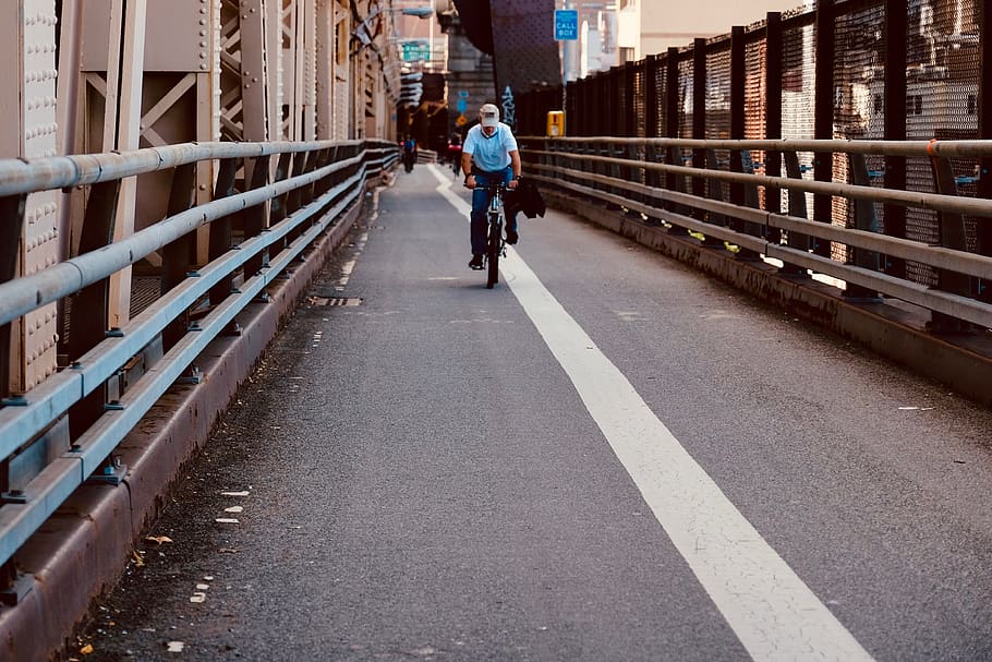 man riding bicycle in bridge, transportation, architecture, road HD wallpaper