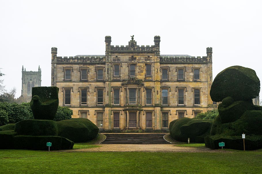 brown concrete building, grass, plant, hedge, fence, castle, architecture HD wallpaper