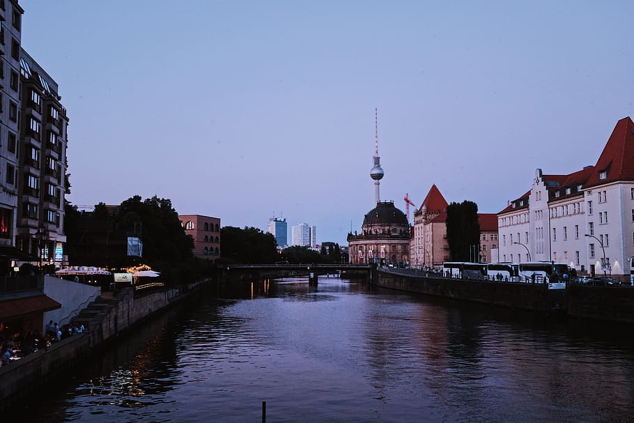 germany, berlin, skyline with river, europe, blue sky, city