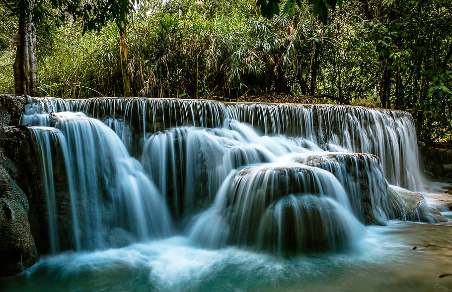 laos, luang prabang, waterfall, tree, scenics - nature, plant, HD wallpaper