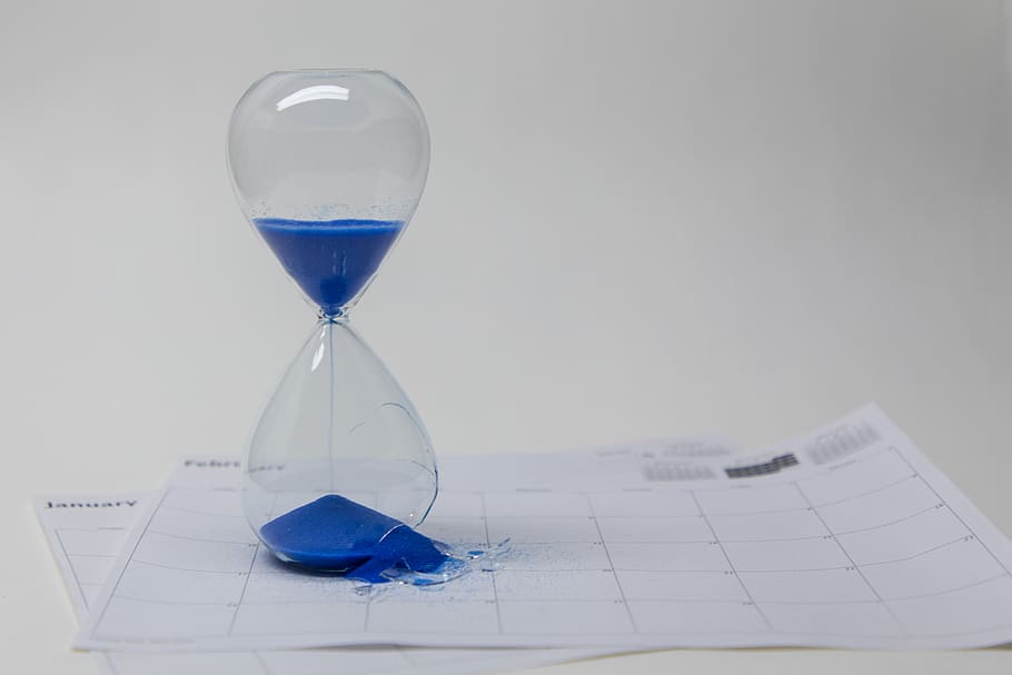 time, hour, hourglass, clock, timer, minute, broken, blue, out of time