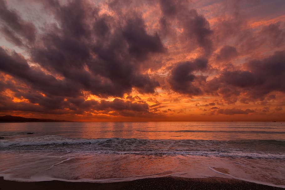 sea, ocean, water, wave, nature, horizon, sky, clouds, sunset HD wallpaper