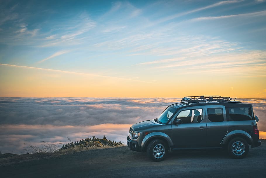 grey SUV beside sea of cloud, car, road, clouds, sky, cloudscape HD wallpaper