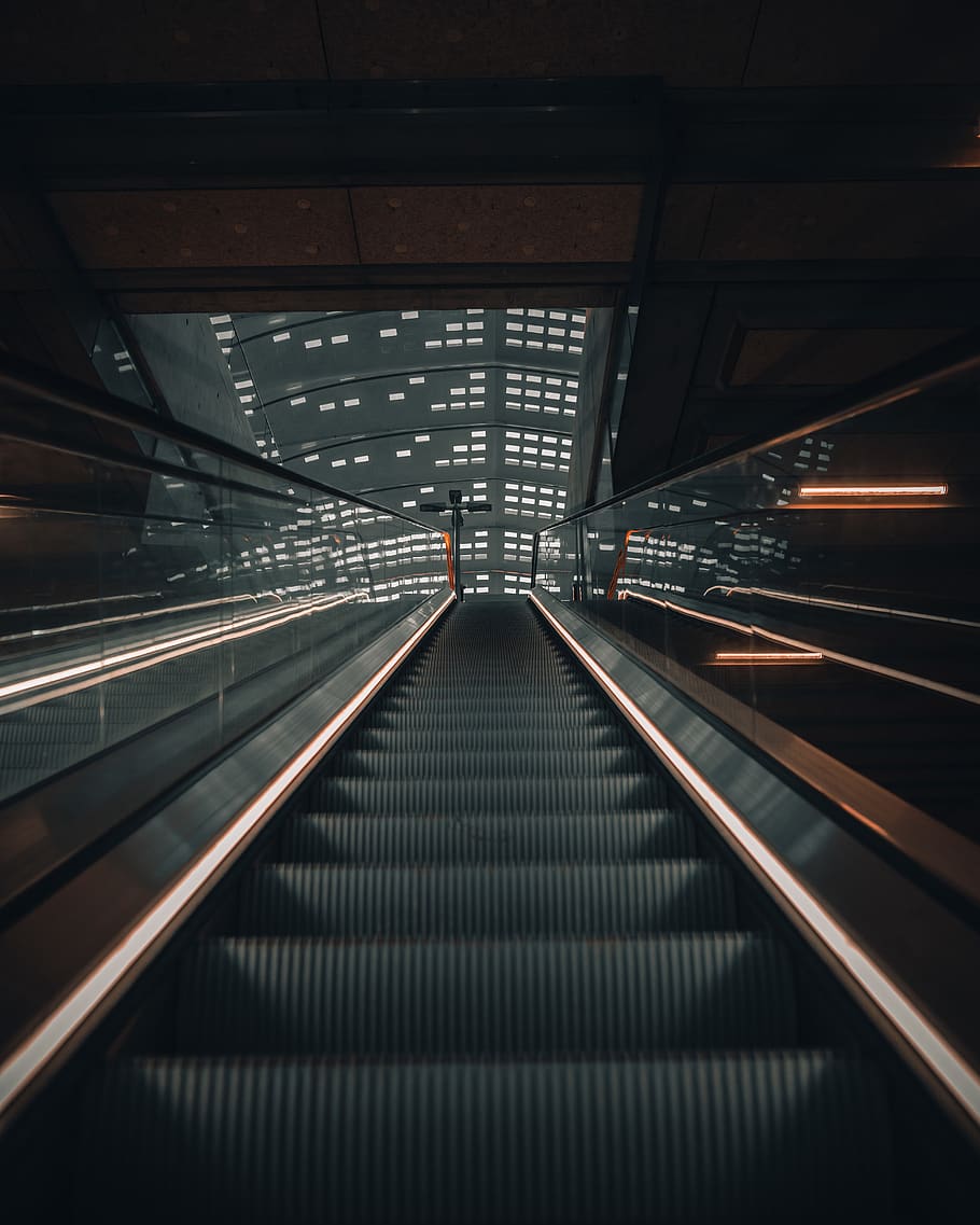 black and gray escalator inside building, handrail, banister HD wallpaper