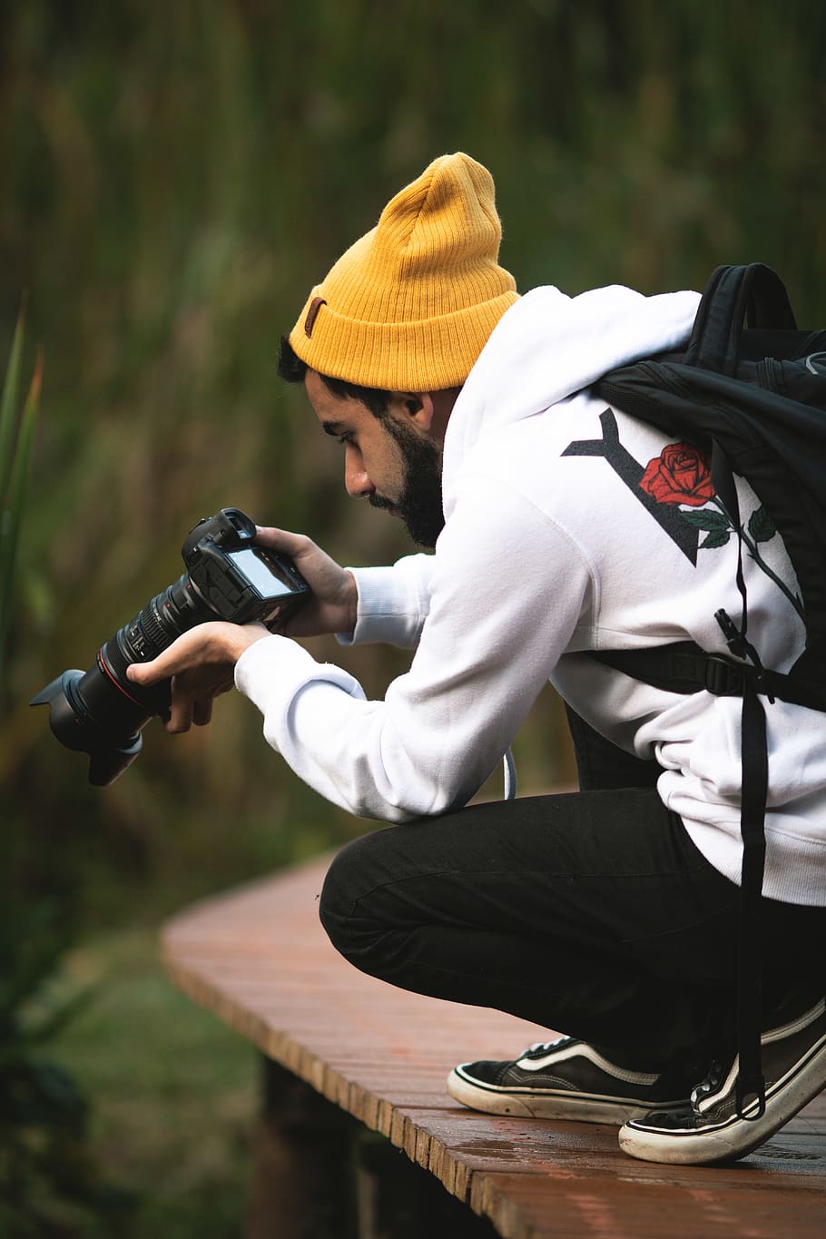 Man Holding Black Dslr Camera, action, activity, adult, backpack HD wallpaper
