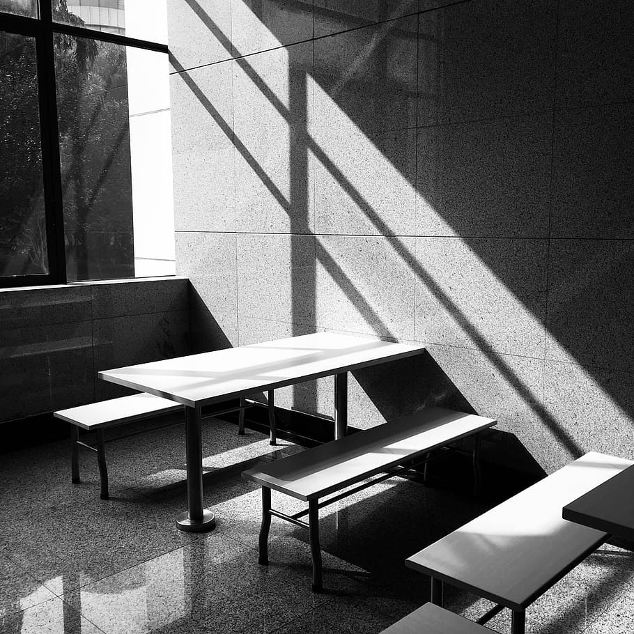 light, shadow, sunlight, black, white, seat, table, chair, absence HD wallpaper
