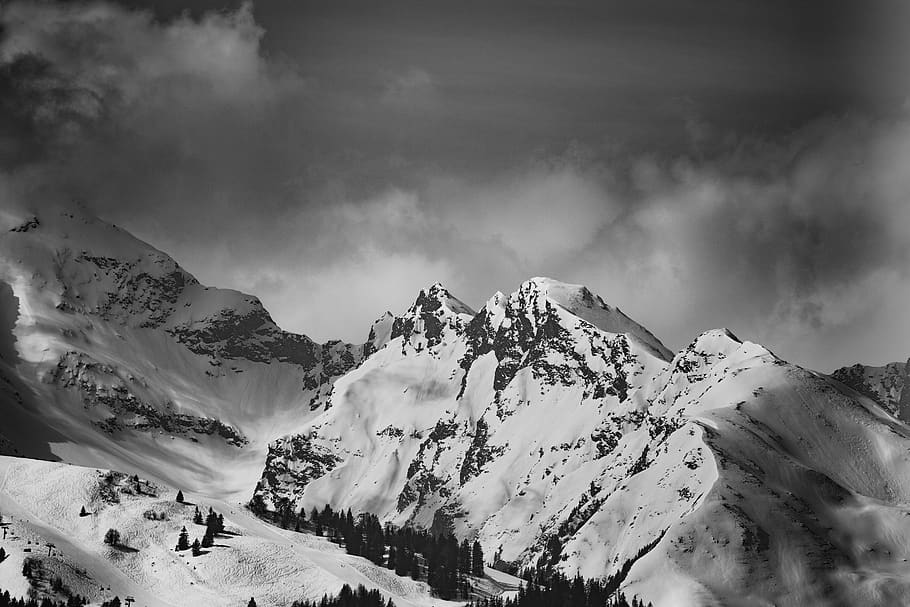 Grayscale Photo of Snow Capped Mountain, 4k wallpaper, altitude
