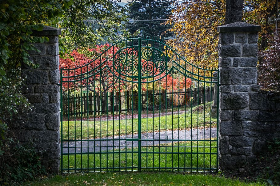 gate, autumn, rural, park, foliage, historical, plant, tree HD wallpaper
