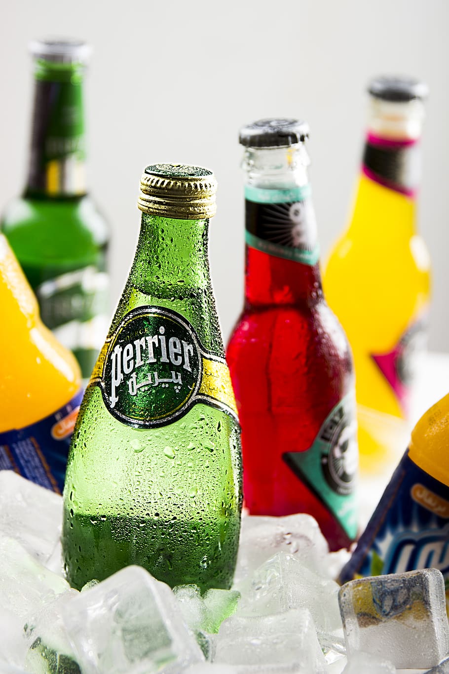 several Perrier glass drink bottles, container, still life, food and drink HD wallpaper