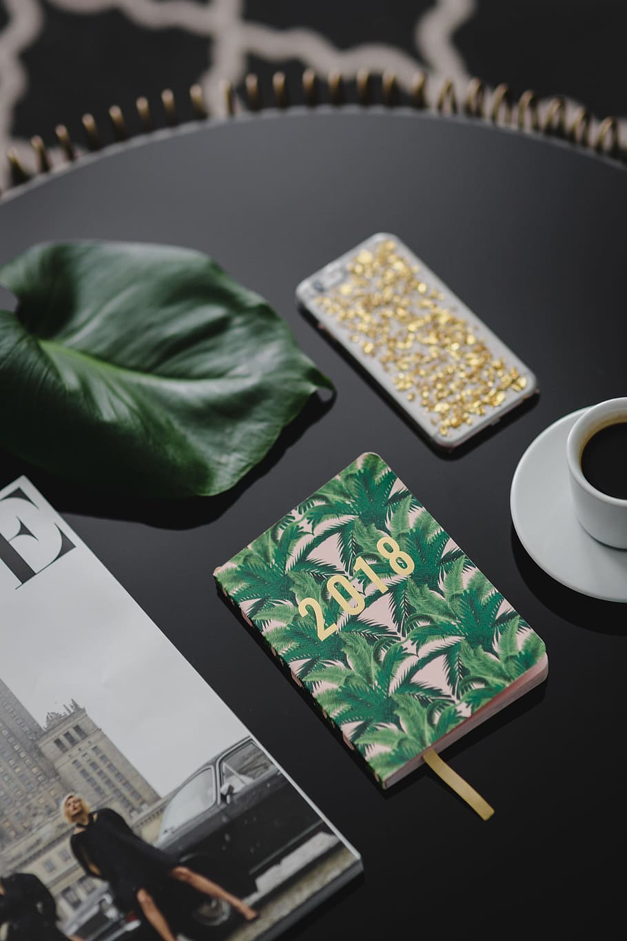 Top view of black table with 2018 calendar agenda, indoors, close-up HD wallpaper