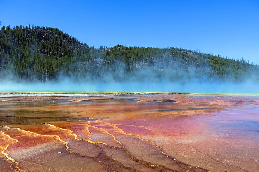 blue steam over grand prismatic, spring, yellowstone, national