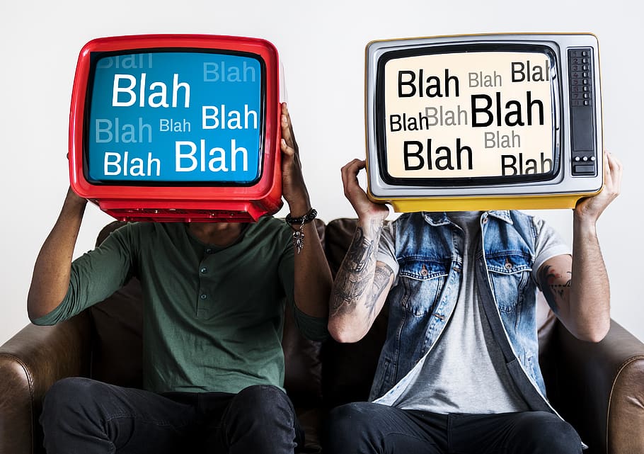 Two Men Holding Red and Gray Crt Tvs in Front of Faces, casual HD wallpaper