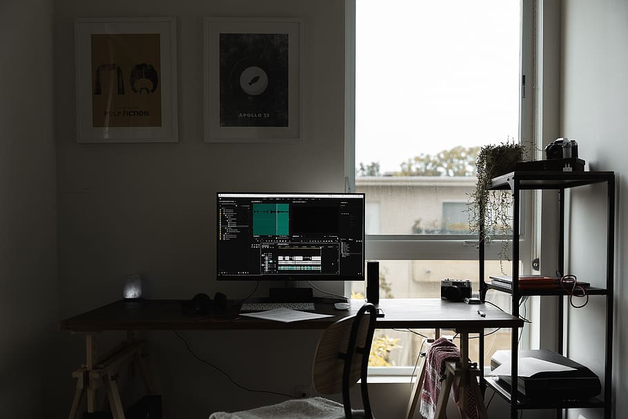 black flat screen monitor with screen turn on, furniture, table, HD wallpaper
