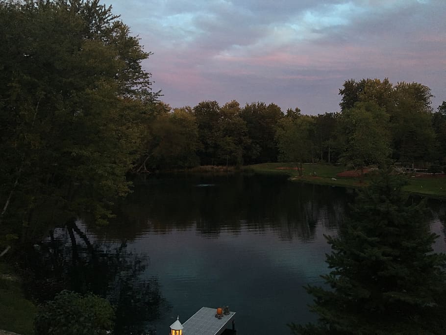 clouds, reflection, dusk, purple sky, lake house, sunset, dock HD wallpaper