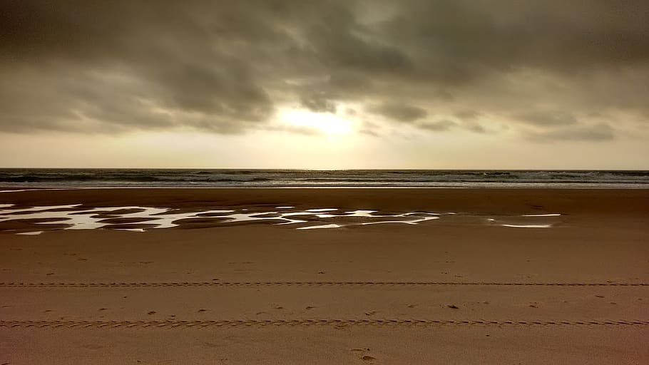 beach, sunset, sand, puddle, sky, land, cloud - sky, water HD wallpaper