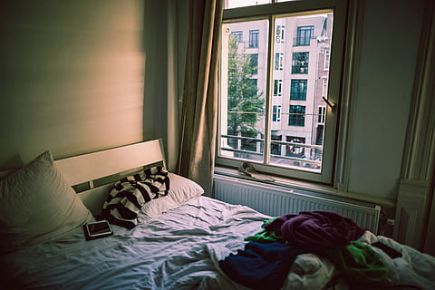 white bedspread, interior, window, sunlight, shadow, glass, bedding HD wallpaper