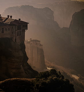 meteora, greece, monastery, landscape, mountain, religion, mountains HD wallpaper