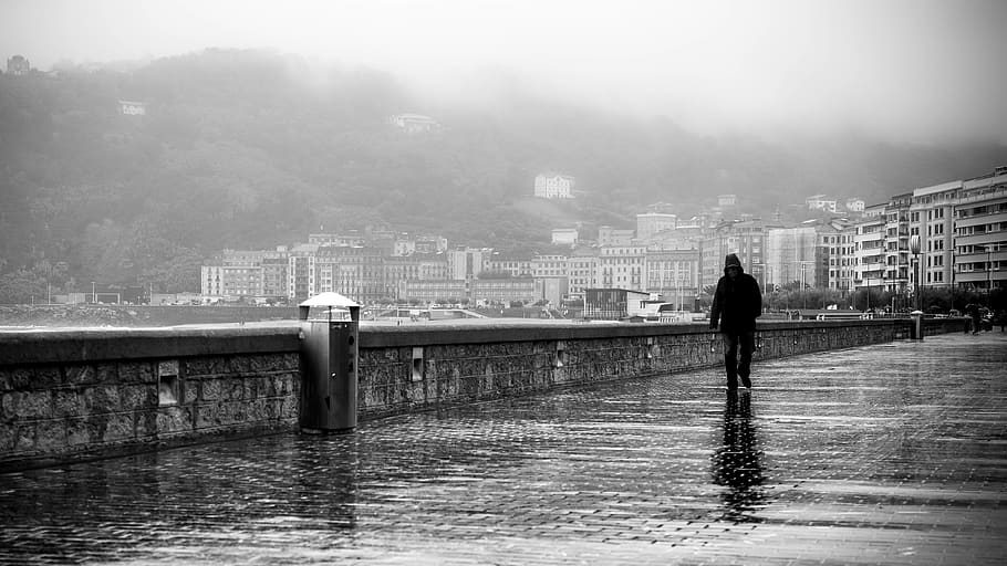 person walking on bridge, san sebastián, spain, grey, urban HD wallpaper